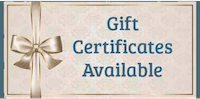 Gift Certificate with golden ribbon and blue lettering.